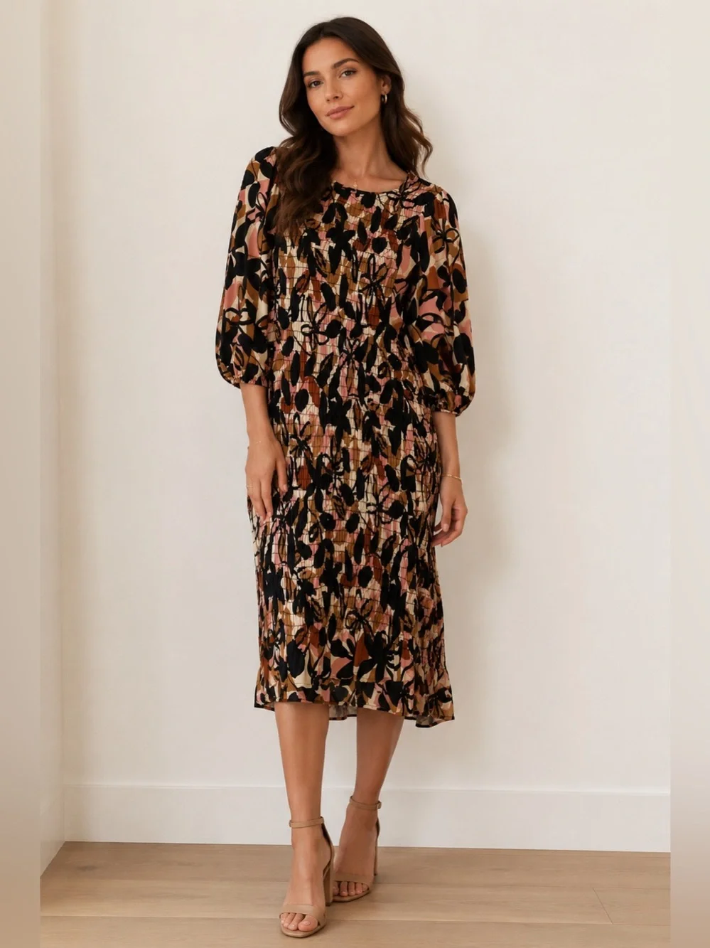 Piper & Scoot Fall Floral Smocked Puff Sleeve Midi Dress